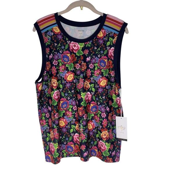 JOHNNY WAS Cantero Muscle Tank Top Medium Navy Blue Multi Color Floral Print NWT - Picture 2 of 9